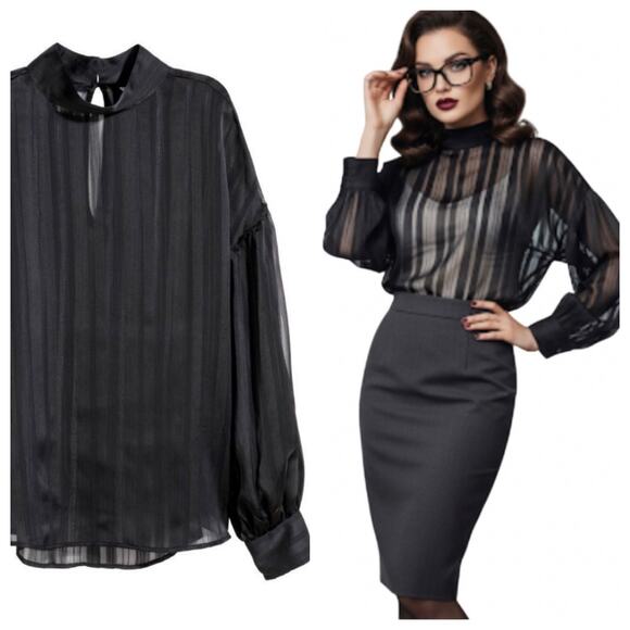 H&M Black Striped Mock Neck Sheer Blouse Long Sleeve Size 8 - Picture 1 of 9